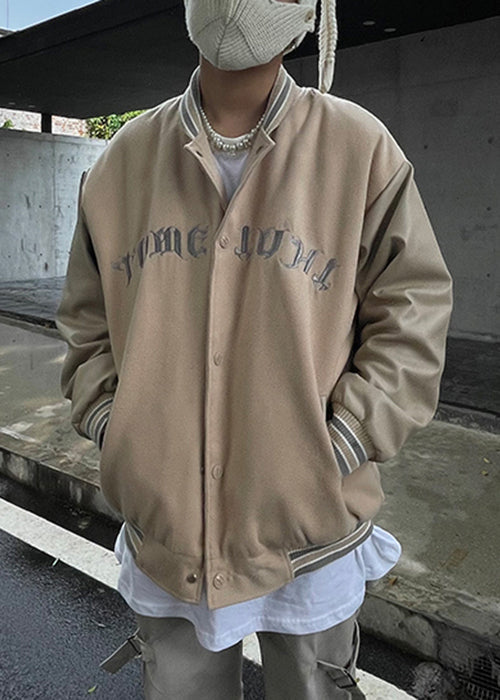 New Apricot Letter Faux Leather Patchwork Men Parkas Spring  TC051