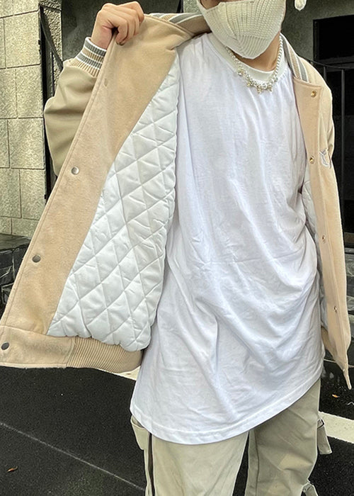 New Apricot Letter Faux Leather Patchwork Men Parkas Spring  TC051