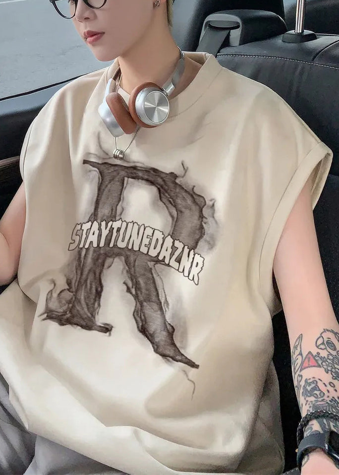 Print Apricot Tank Men Letter Sleeveless Oversized New Cotton