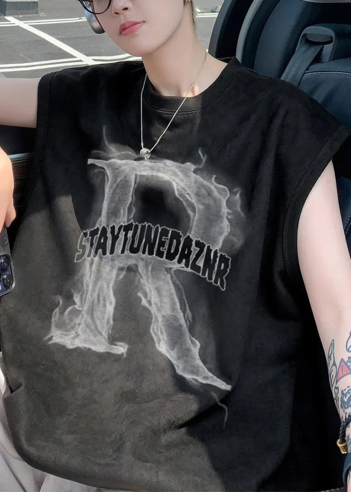 Print Apricot Tank Men Letter Sleeveless Oversized New Cotton