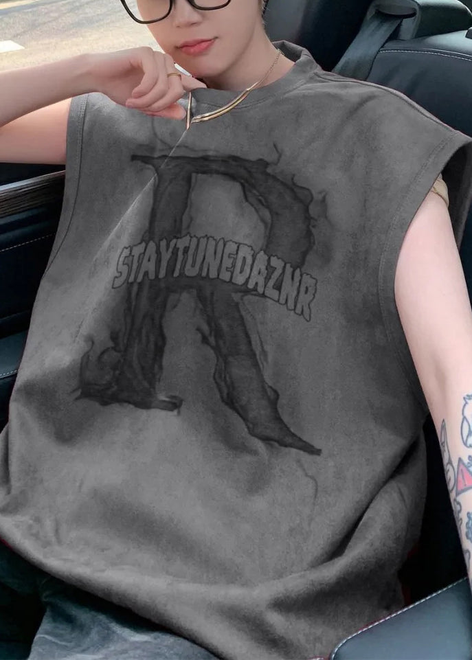 Print Apricot Tank Men Letter Sleeveless Oversized New Cotton