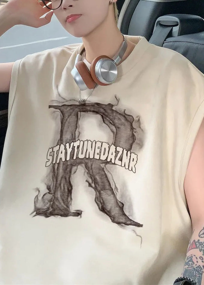 Print Apricot Tank Men Letter Sleeveless Oversized New Cotton