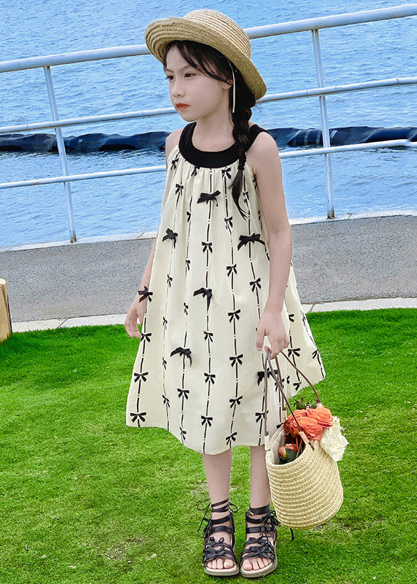 New Apricot O Neck Print Cotton Girls Dress Sleeveless EW035