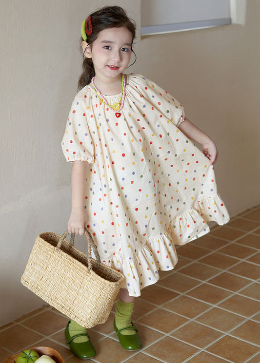 New Apricot O Neck Print Cotton Girls Long Dresses Summer EW040