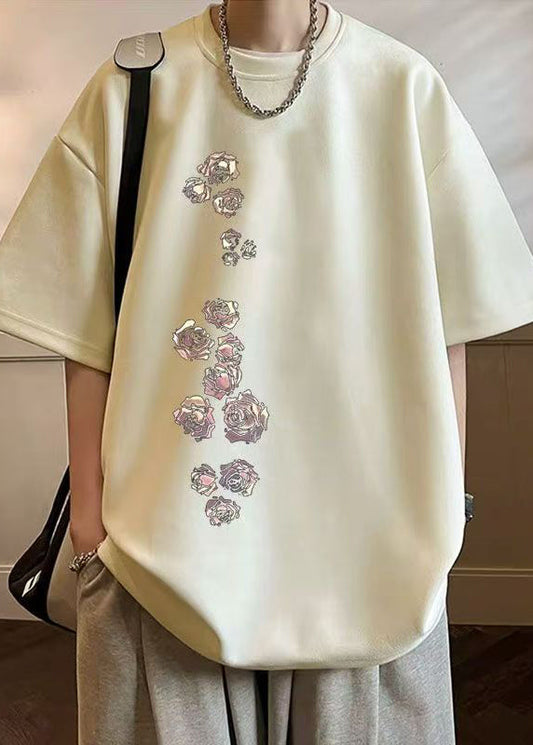 Mens Shirt Suede Cozy Apricot Half T Faux Sleeve Print New Neck O