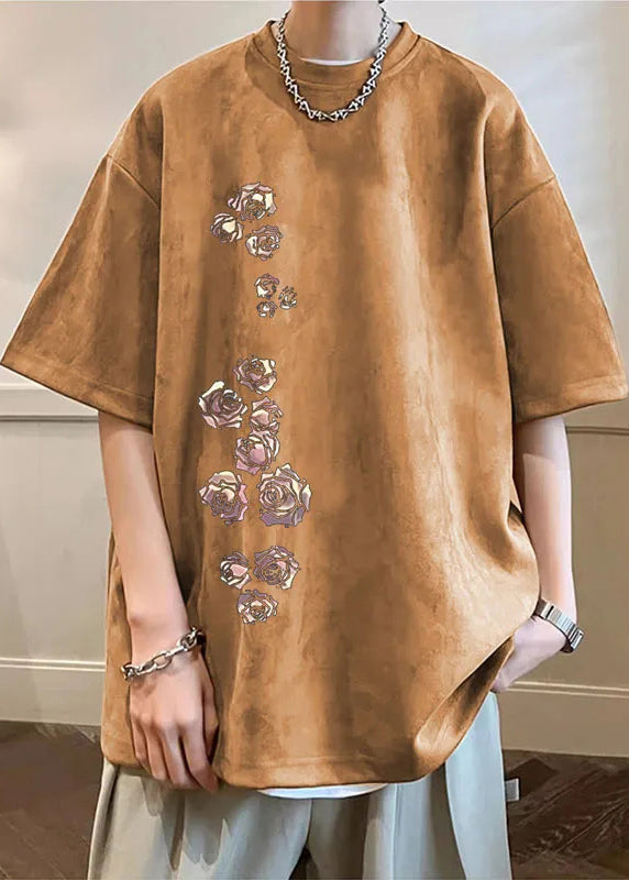 Mens Shirt Suede Cozy Apricot Half T Faux Sleeve Print New Neck O