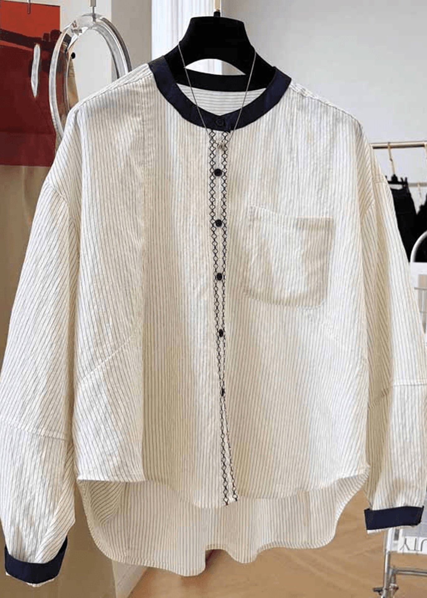 Fall Tops O Cotton Striped Pockets New Blouse Apricot Neck