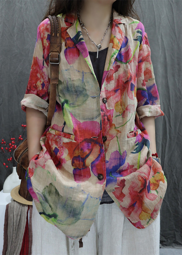 Open Coats Apricot New Back Pockets Bracelet Print Cotton Sleeve