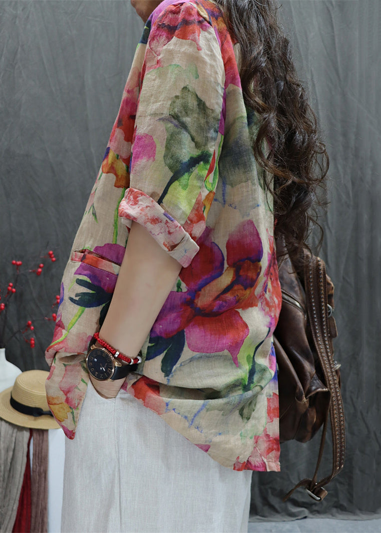 Open Coats Apricot New Back Pockets Bracelet Print Cotton Sleeve