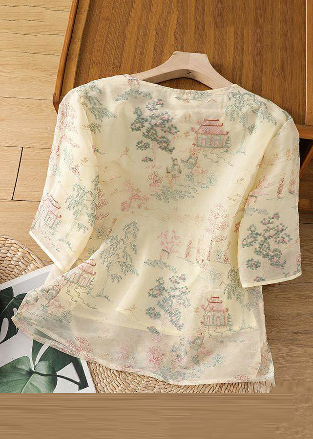 Open Side Print Apricot Half Tulle Blouses Sleeve New