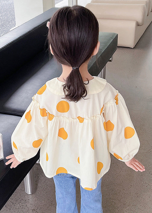 New Apricot Ruffled Button Print Cotton Kids Shirts Long Sleeve YU1042