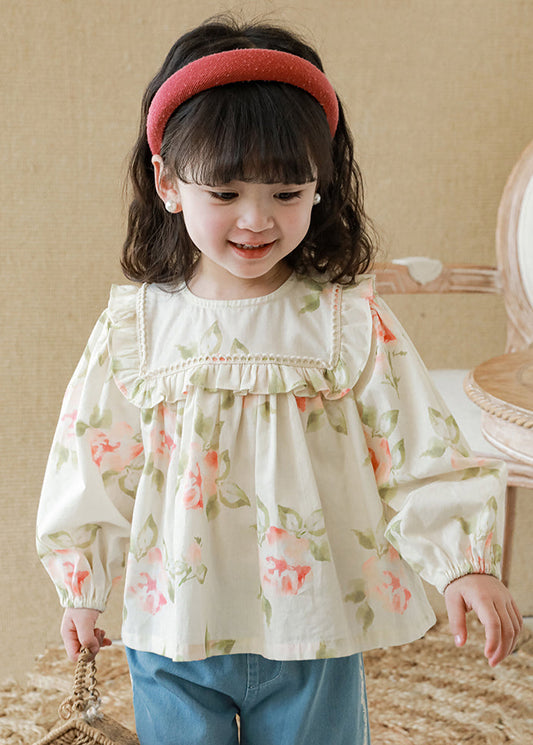 New Apricot Ruffled Print Cotton Girls Top Long Sleeve YU1058