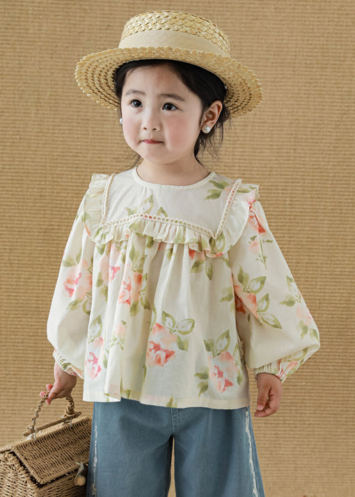 New Apricot Ruffled Print Cotton Girls Top Long Sleeve YU1058