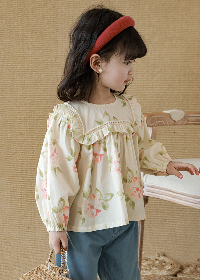 New Apricot Ruffled Print Cotton Girls Top Long Sleeve YU1058