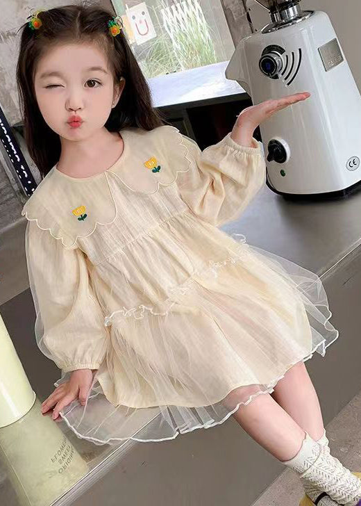 New Apricot Ruffled Tulle Girls Mid Dresses Long Sleeve XZ059