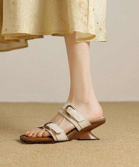 Slippers Wedge Sheepskin Heel Woven New Apricot