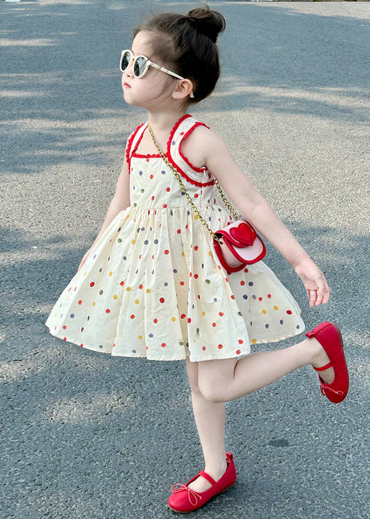 New Apricot Square Collar Dot Cotton Girls Mid Dresses Sleeveless TT022