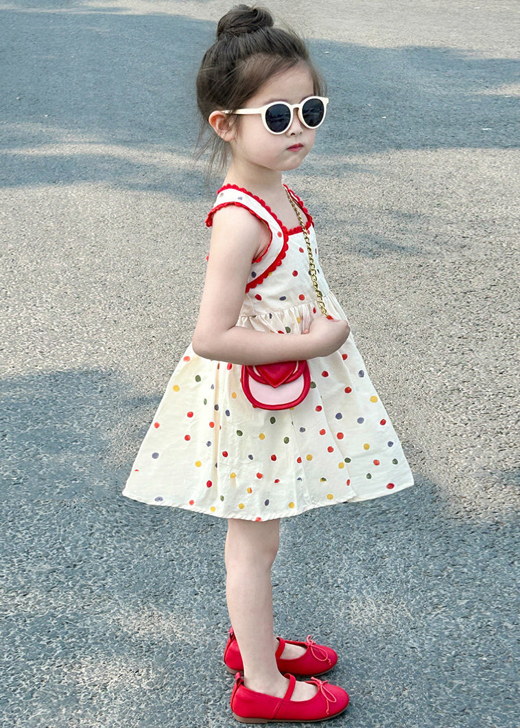 New Apricot Square Collar Dot Cotton Girls Mid Dresses Sleeveless TT022