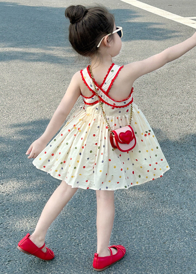 New Apricot Square Collar Dot Cotton Girls Mid Dresses Sleeveless TT022