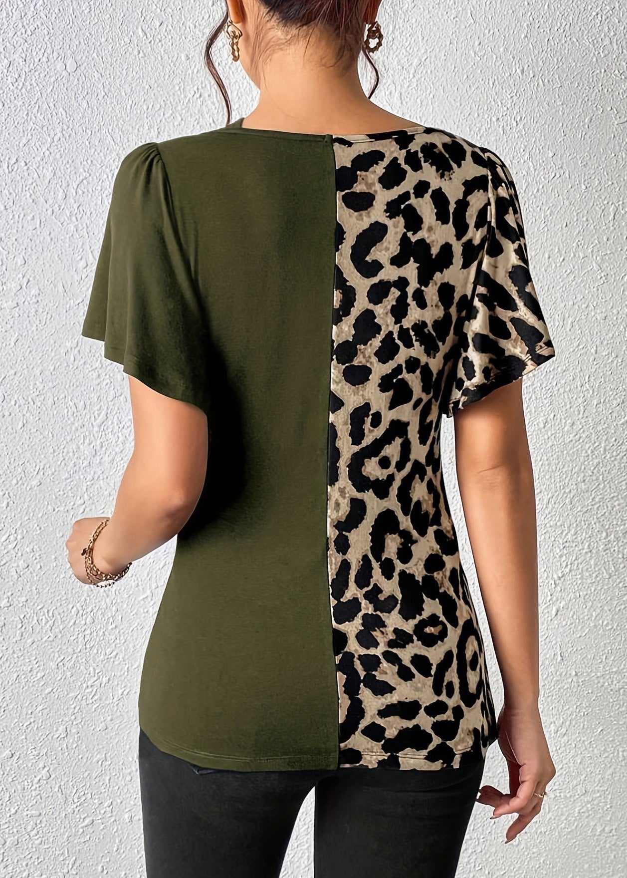 Army Patchwork New Butterfly Green Asymmetrical Tops Cotton