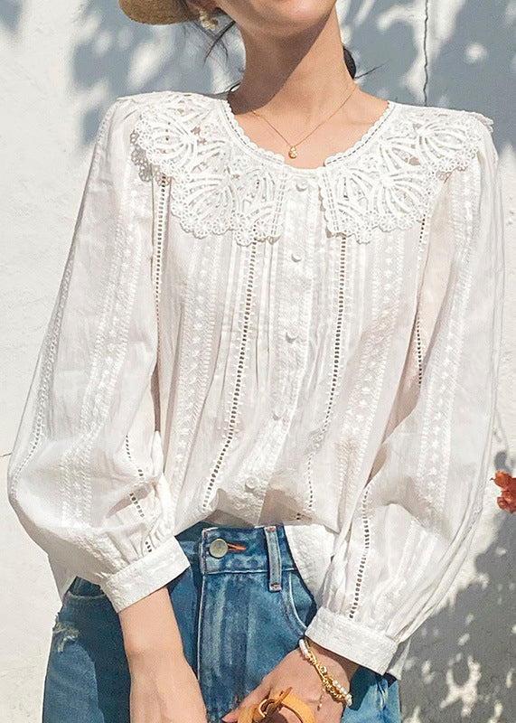 Out Blouses New Embroidered Beige Hollow Cotton Spring