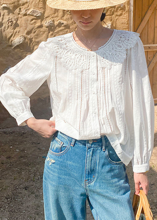 Out Blouses New Embroidered Beige Hollow Cotton Spring