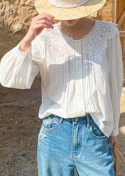 Out Blouses New Embroidered Beige Hollow Cotton Spring