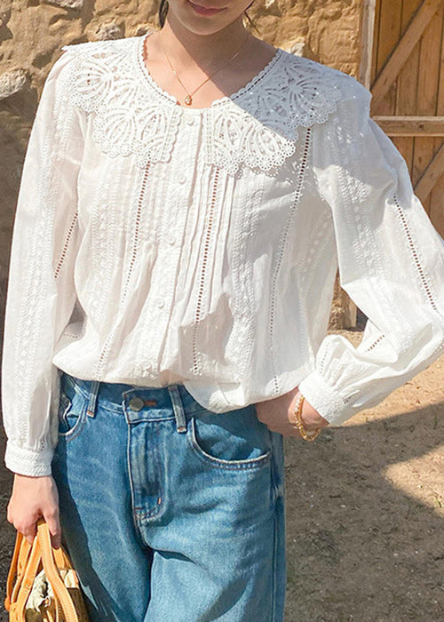 Out Blouses New Embroidered Beige Hollow Cotton Spring