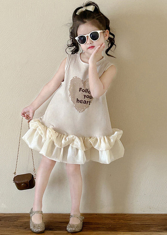 New Beige O-Neck Print Cotton Girls Dresses Sleeveless TT037