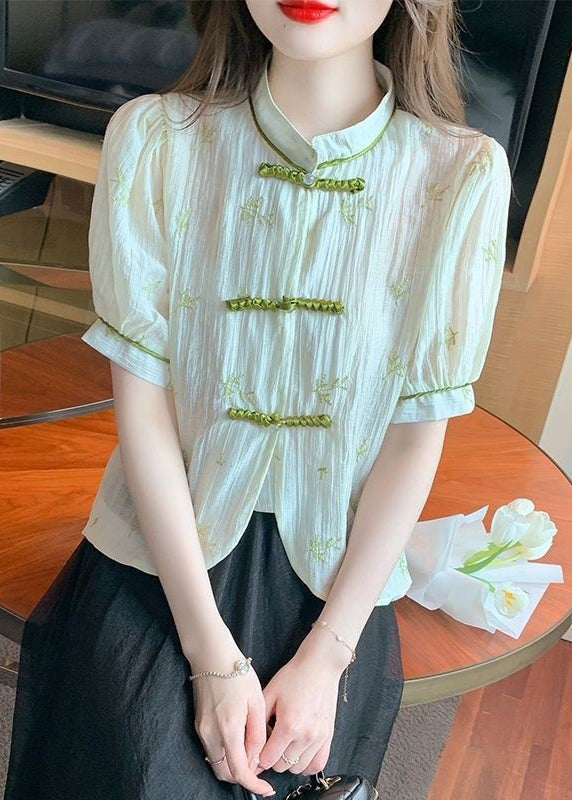 New Beige Stand Collar Embroidered Button Chiffon Shirts Summer OP1075