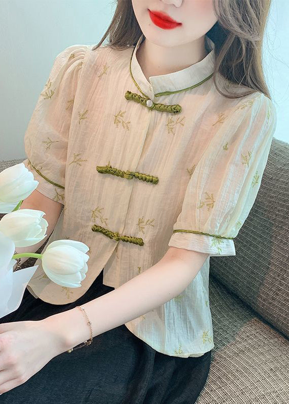 New Beige Stand Collar Embroidered Button Chiffon Shirts Summer OP1075