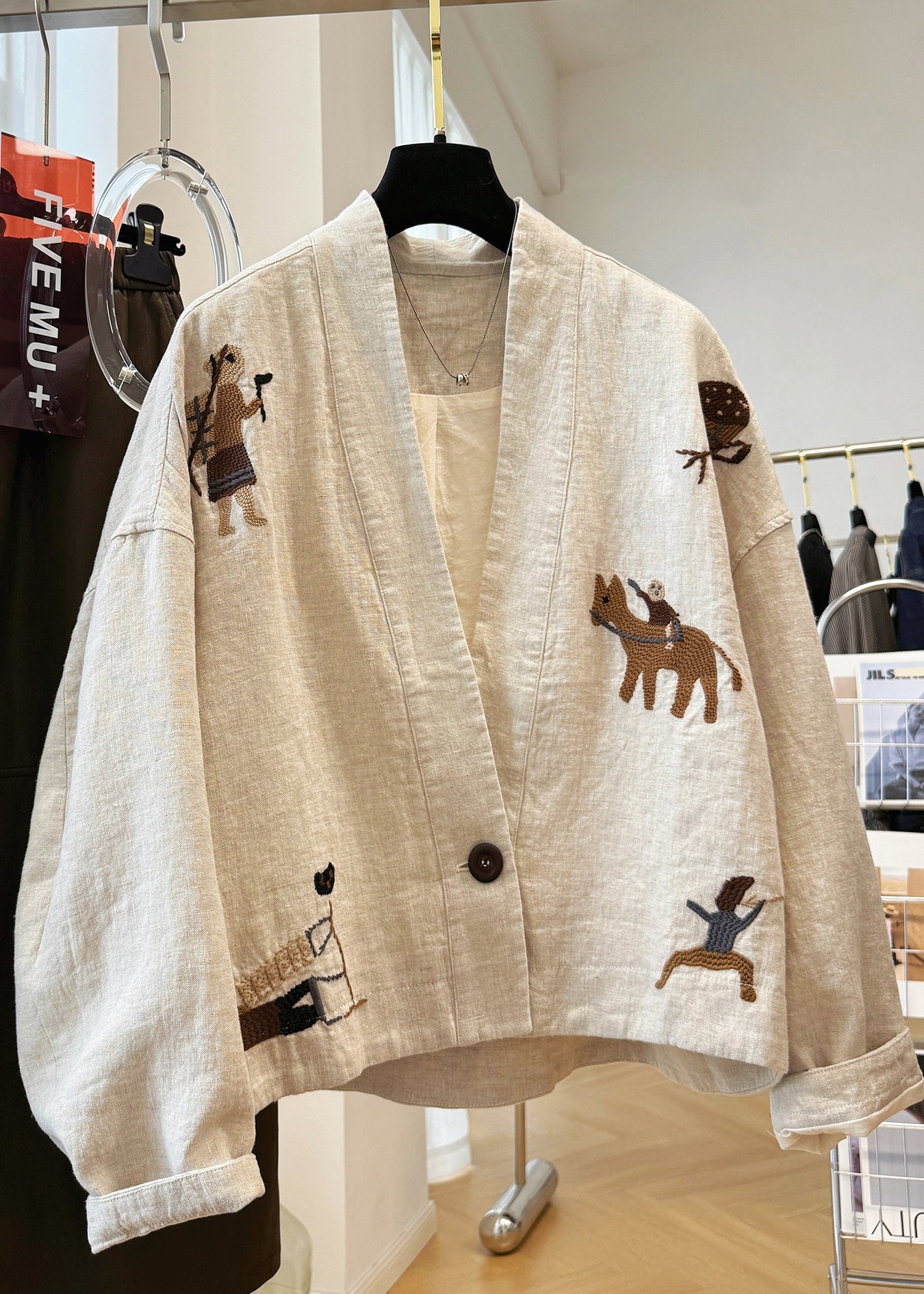 Beige Neck Patchwork Coats V Fall Linen New Embroidered