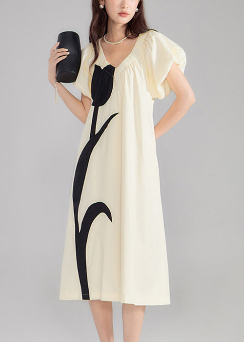 New Beige V Neck Print Solid Cotton Dresses Summer OP1053