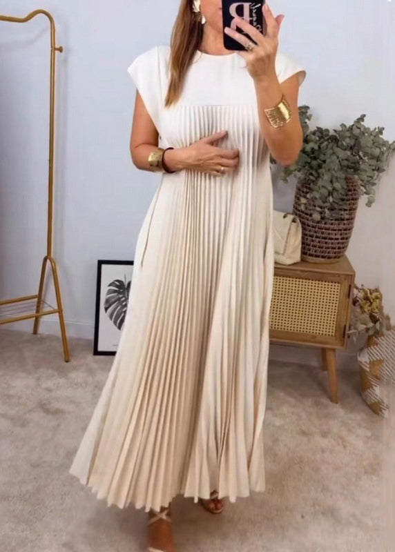 Long New Solid Beige Summer Wrinkled Pockets Dress