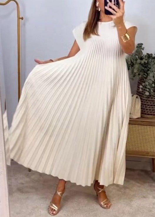 Long New Solid Beige Summer Wrinkled Pockets Dress