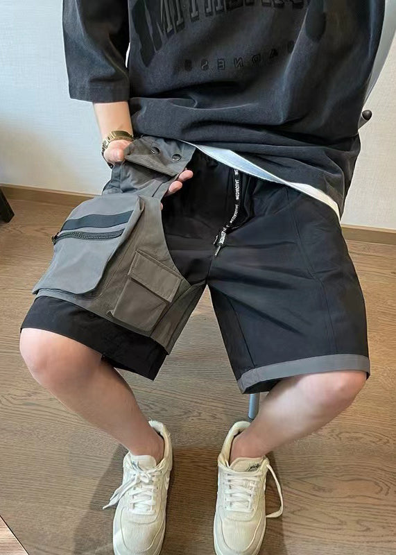 New Black Shorts Mens Asymmetrical Cotton Pockets Patchwork