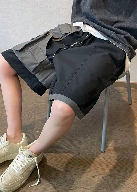 New Black Shorts Mens Asymmetrical Cotton Pockets Patchwork