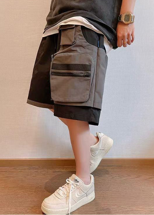 New Black Shorts Mens Asymmetrical Cotton Pockets Patchwork