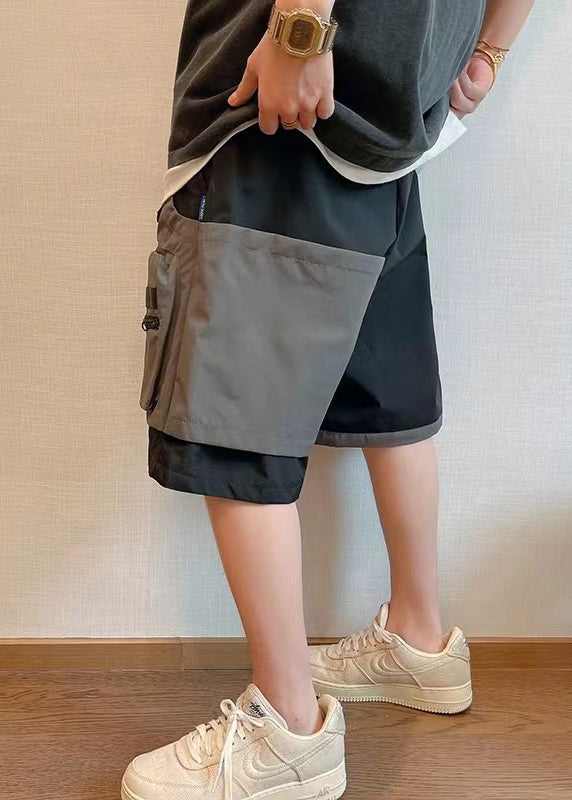 New Black Shorts Mens Asymmetrical Cotton Pockets Patchwork