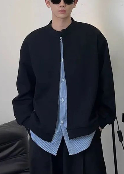 Mens Patchwork Button New Cotton Sweatshirts Black Striped Spring