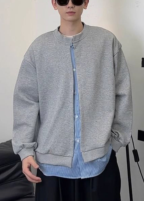 Mens Patchwork Button New Cotton Sweatshirts Black Striped Spring