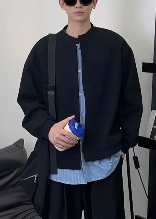 Mens Patchwork Button New Cotton Sweatshirts Black Striped Spring