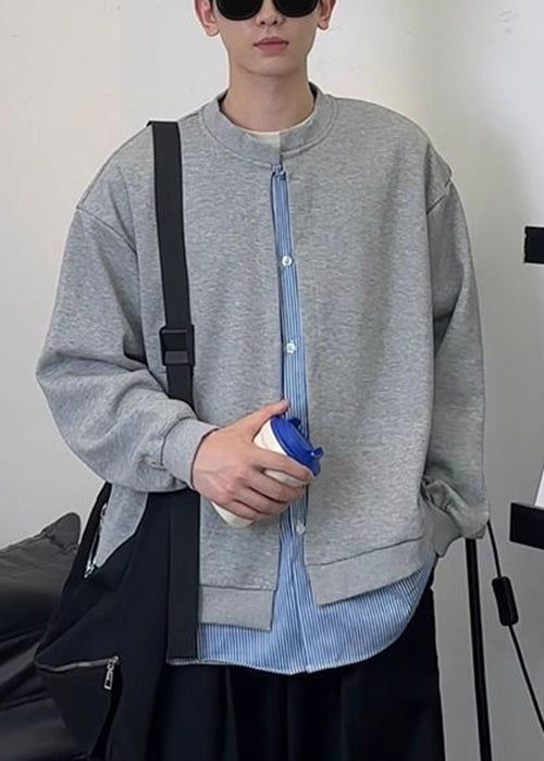 Mens Patchwork Button New Cotton Sweatshirts Black Striped Spring