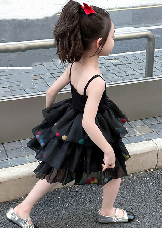 New Black Cold Shoulder Tulle Patchwork Girls Dresses Sleeveless TT041