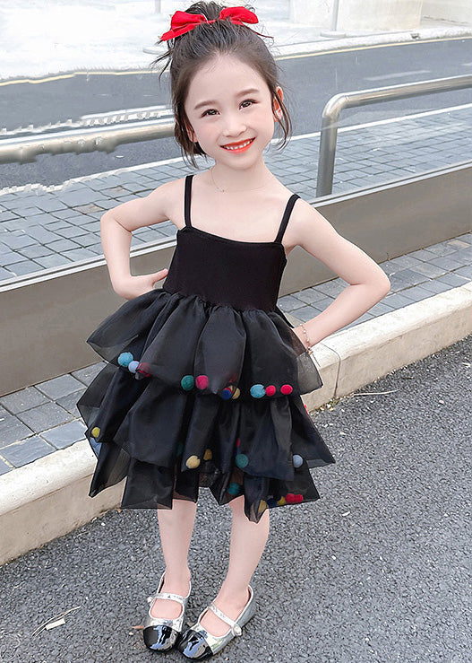 New Black Cold Shoulder Tulle Patchwork Girls Dresses Sleeveless TT041