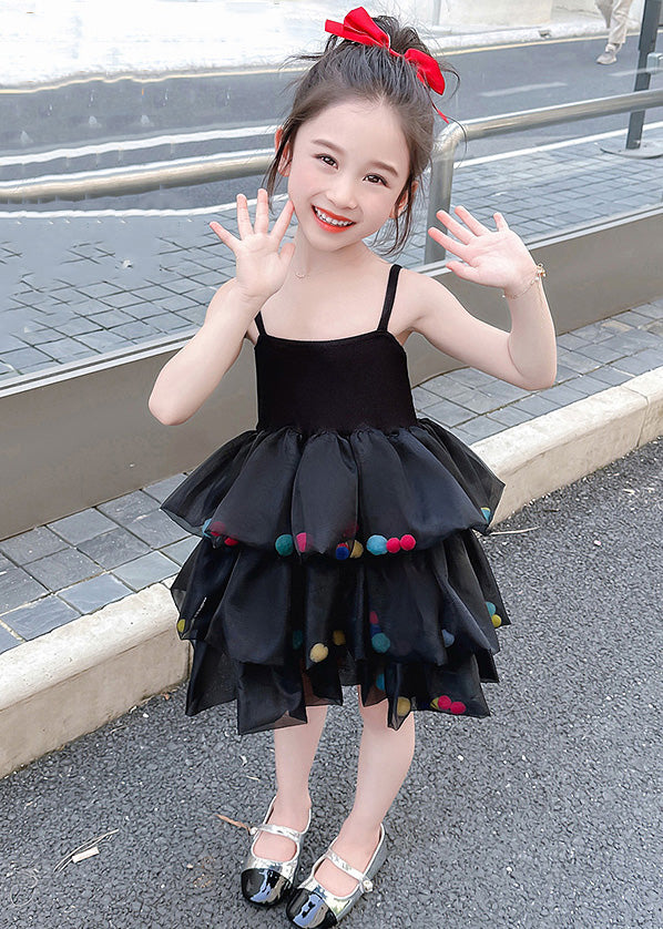 New Black Cold Shoulder Tulle Patchwork Girls Dresses Sleeveless TT041