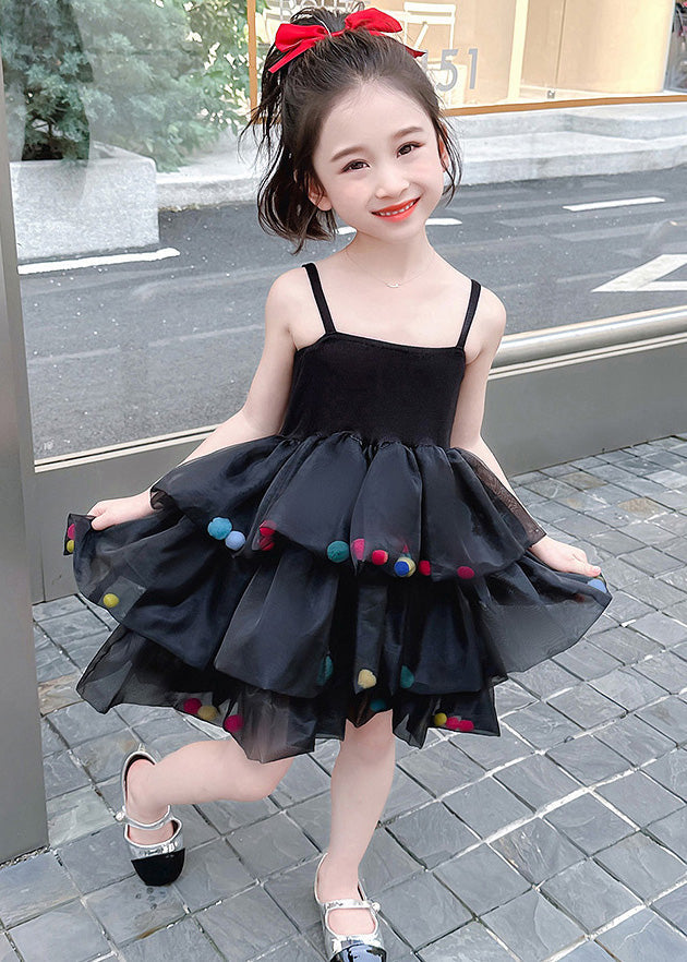 New Black Cold Shoulder Tulle Patchwork Girls Dresses Sleeveless TT041