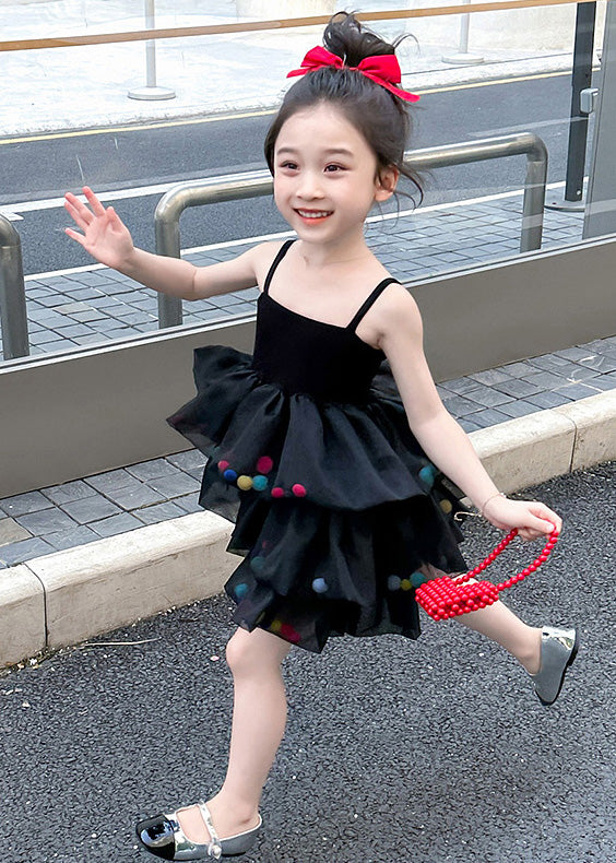 New Black Cold Shoulder Tulle Patchwork Girls Dresses Sleeveless TT041