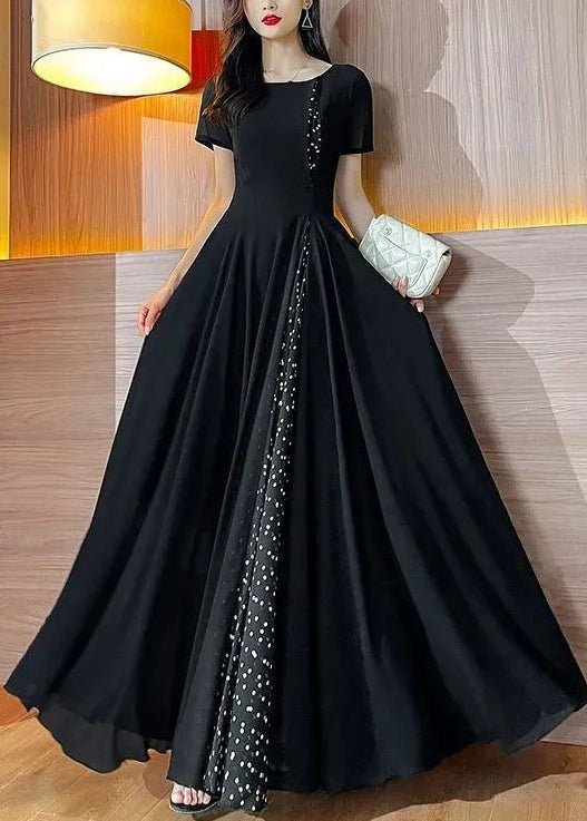 Dot Chiffon Dresses Long Neck Summer Patchwork New Black O