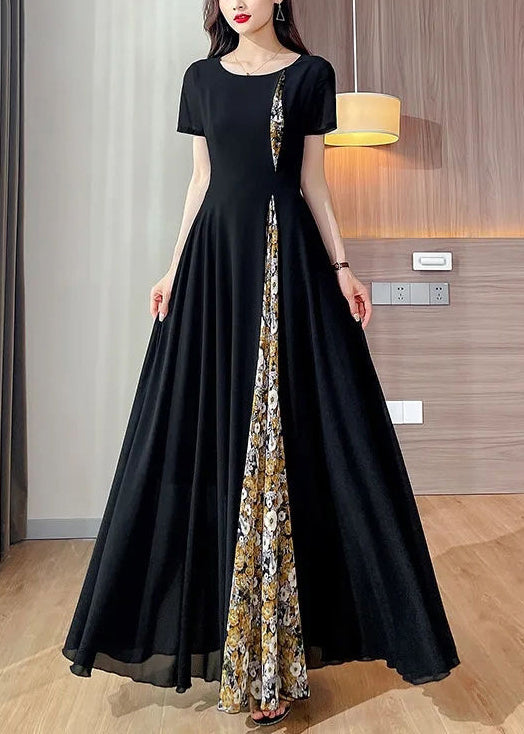 Dot Chiffon Dresses Long Neck Summer Patchwork New Black O